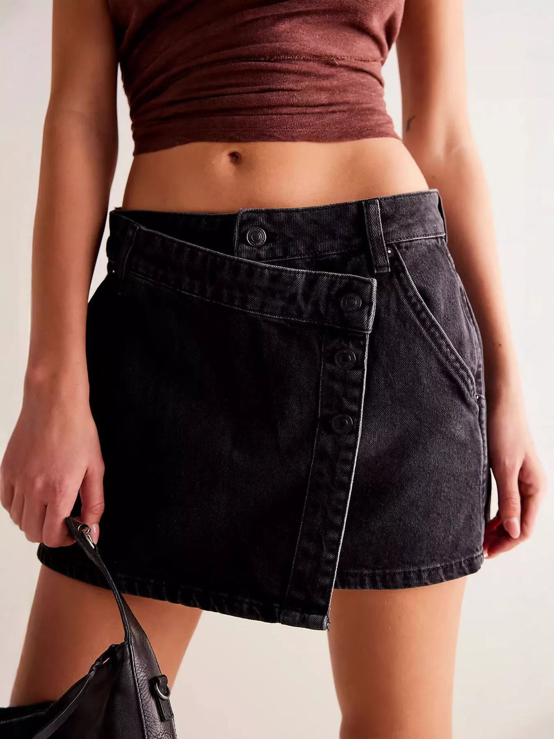 Asymmetrical Button-Front Denim Skort - cas7m