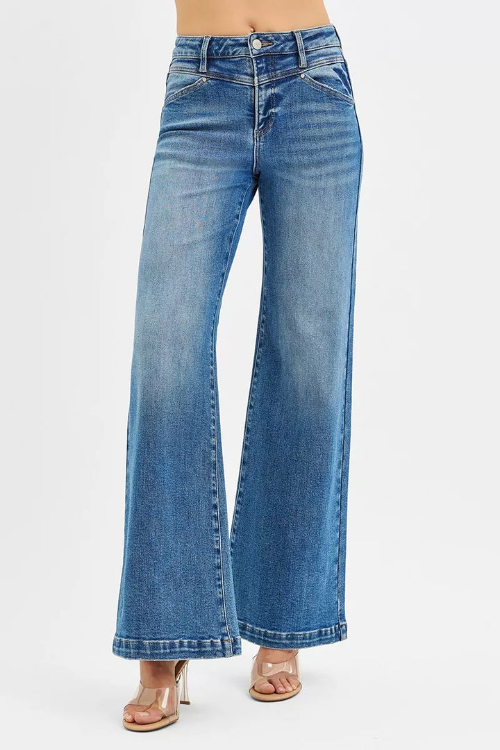 RISEN High Rise Wide Leg Jenas with Front Yoke and Heart Back Pocket - cas7m