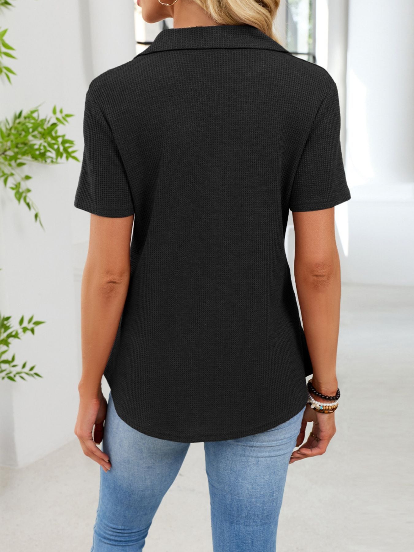 Waffle Knit Button Detail T-Shirt - cas7m