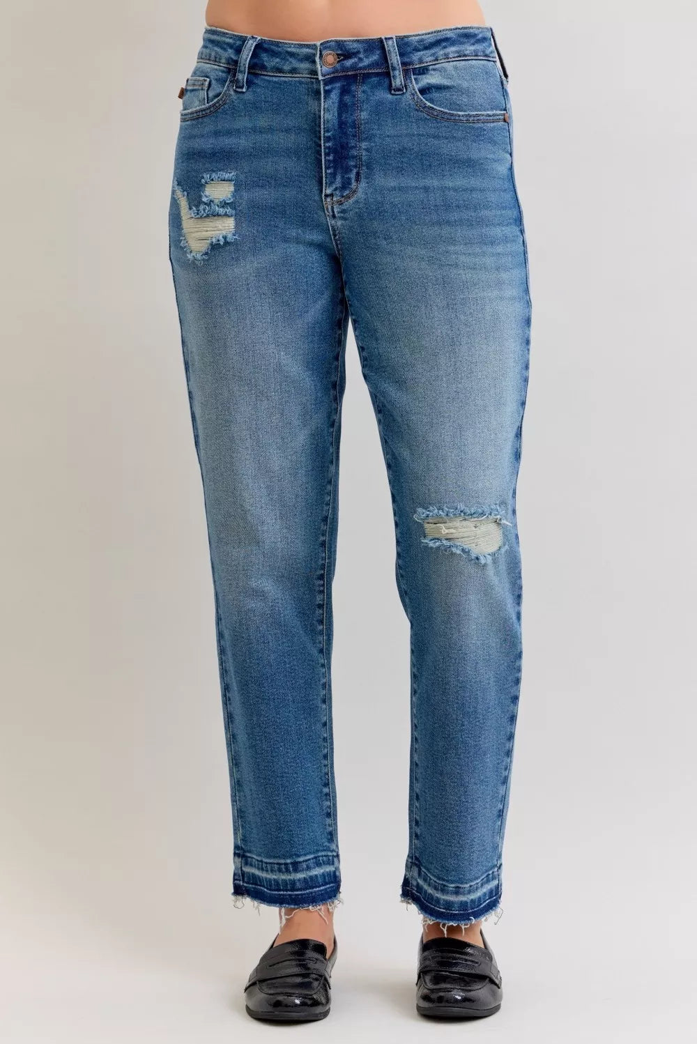 Judy Blue Full Size Mid Rise Bf Patch & Repair Destroy Release Hem Jeans Plus Size - cas7m