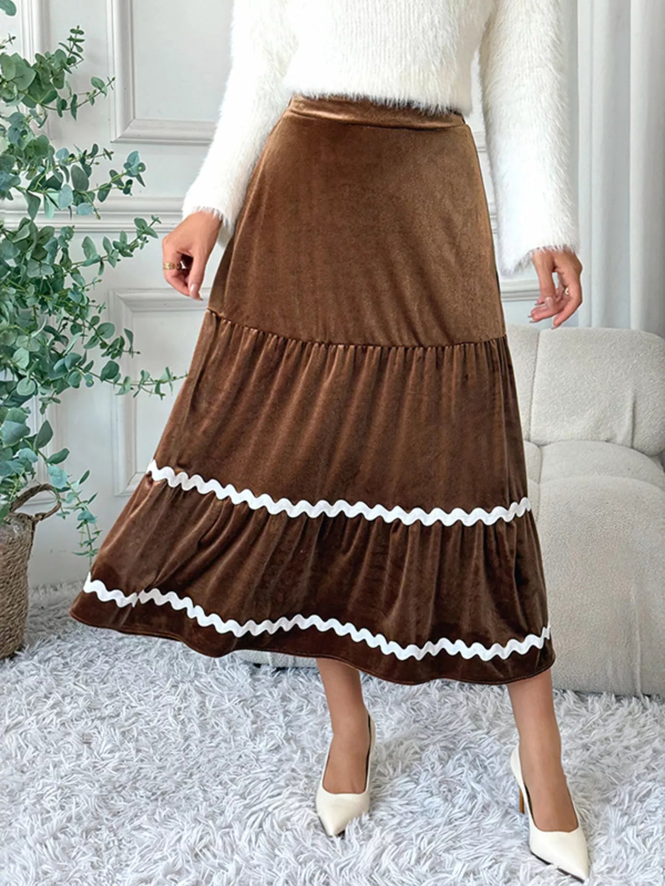 Velvet Tiered Midi Skirt - cas7m