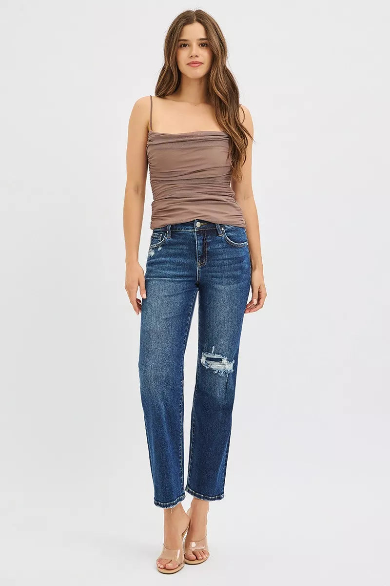 RISEN High Rise Crop Slim Straight Jenas with Hidden Knee Patch - cas7m