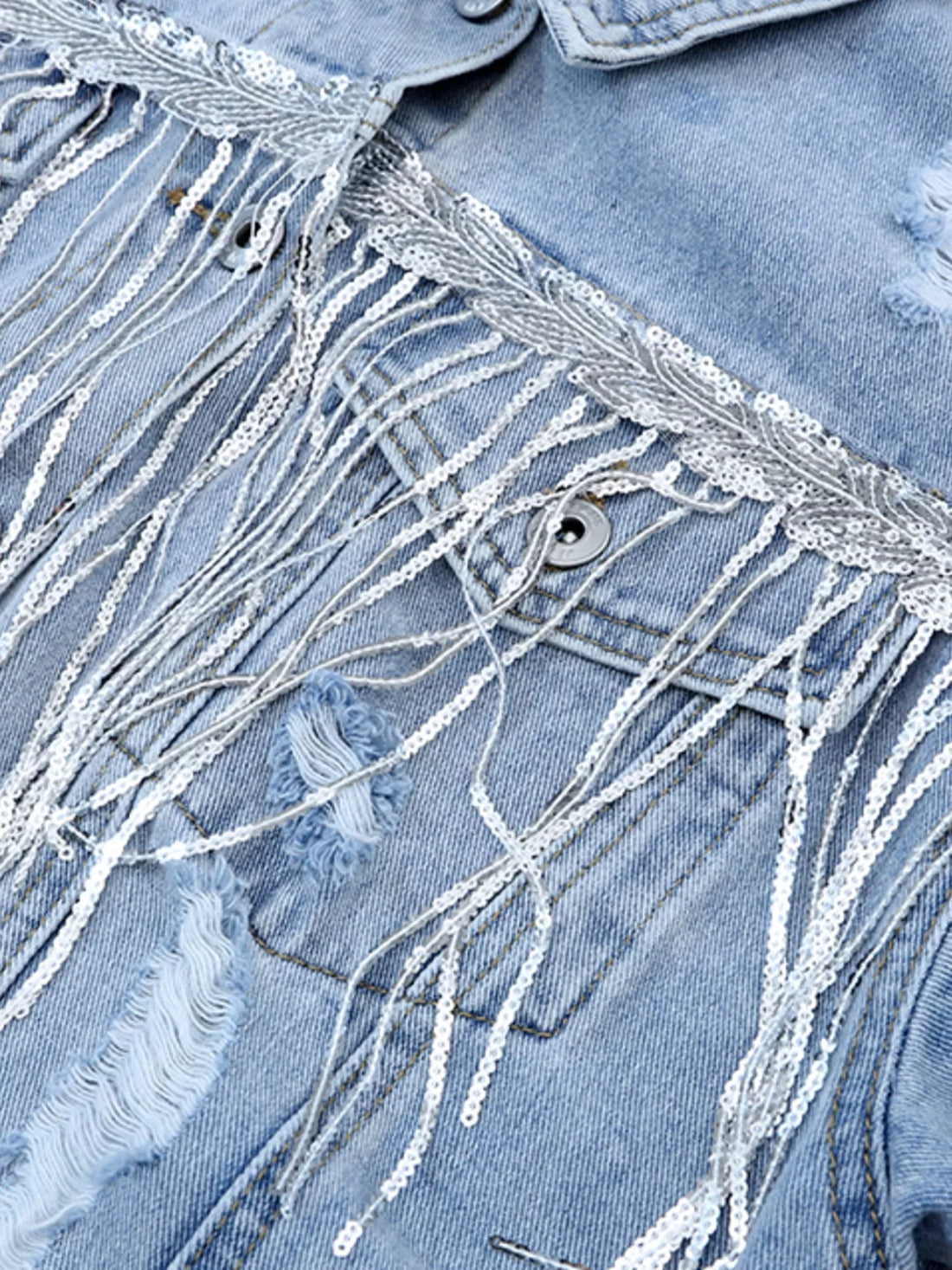 Fringed Sequin Embellished Denim Jacket - cas7m