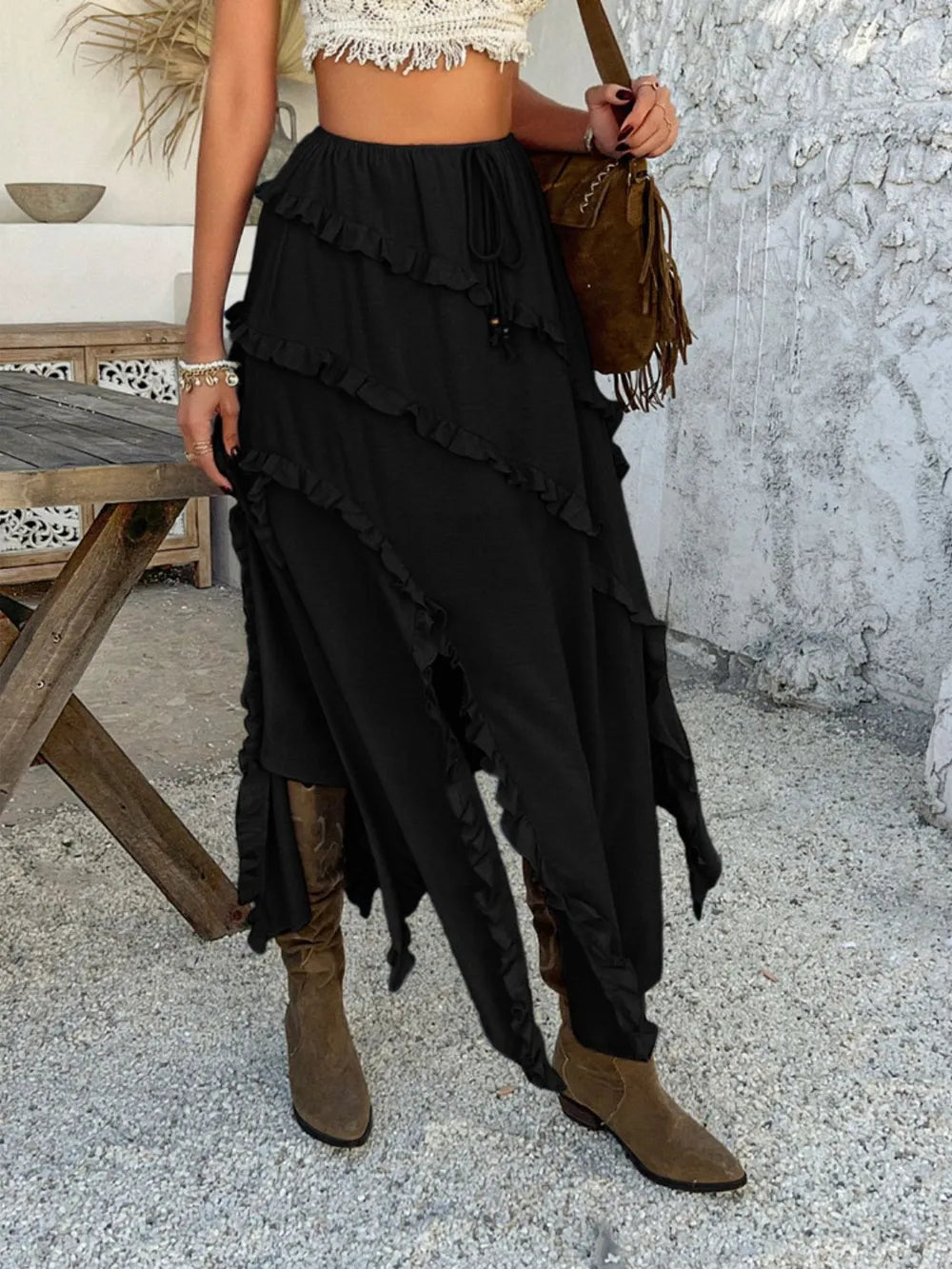 Devine Slit Drawstring Ruffled Skirt - cas7m