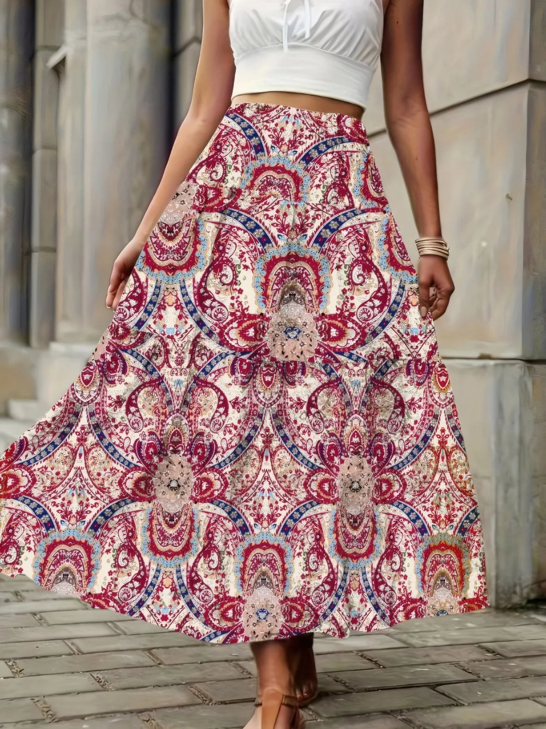 Smocked Printed High Waist Skirt - cas7m