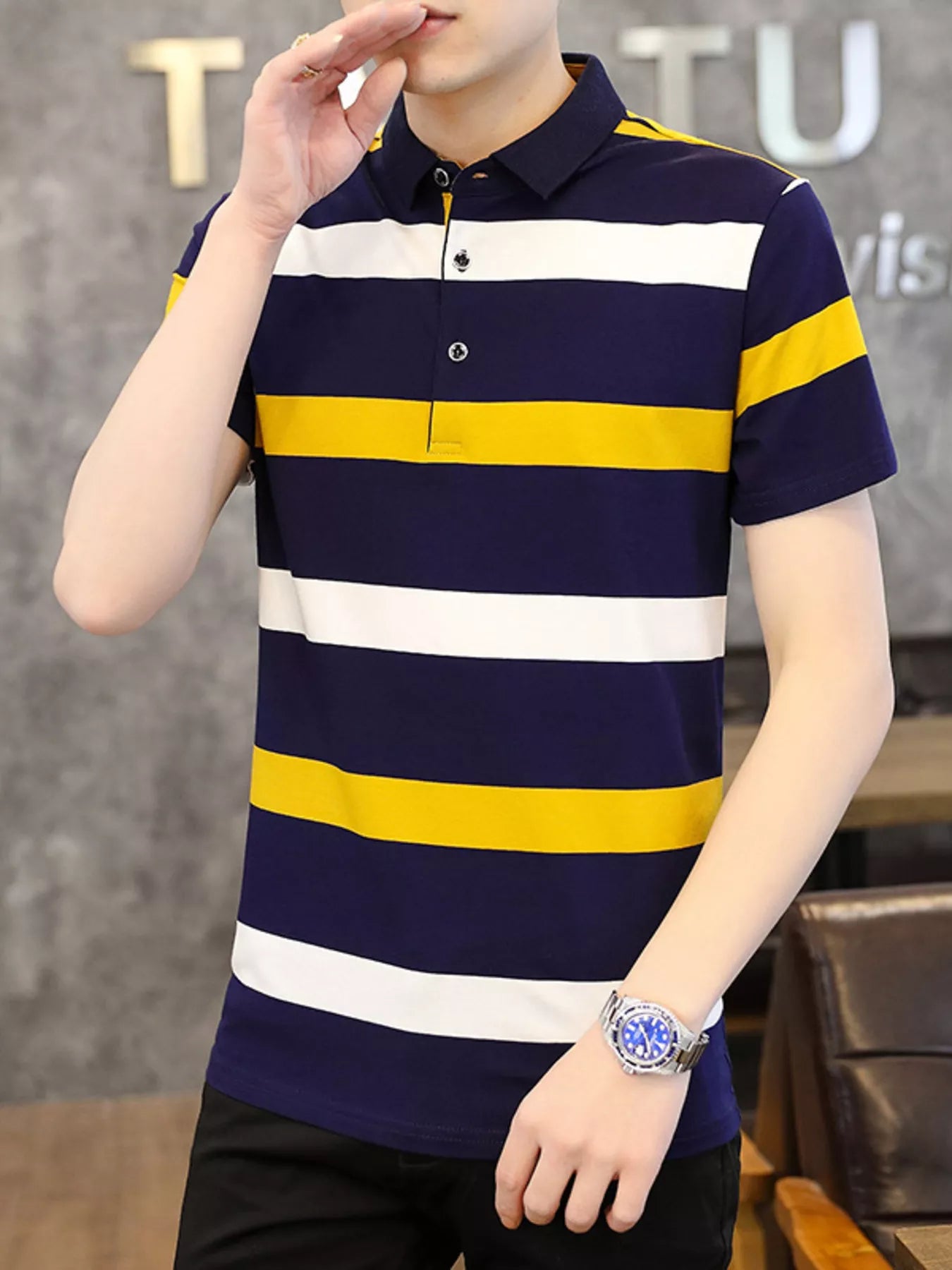 Men's Plus Size Striped Slim Fit Polo Shirt - cas7m