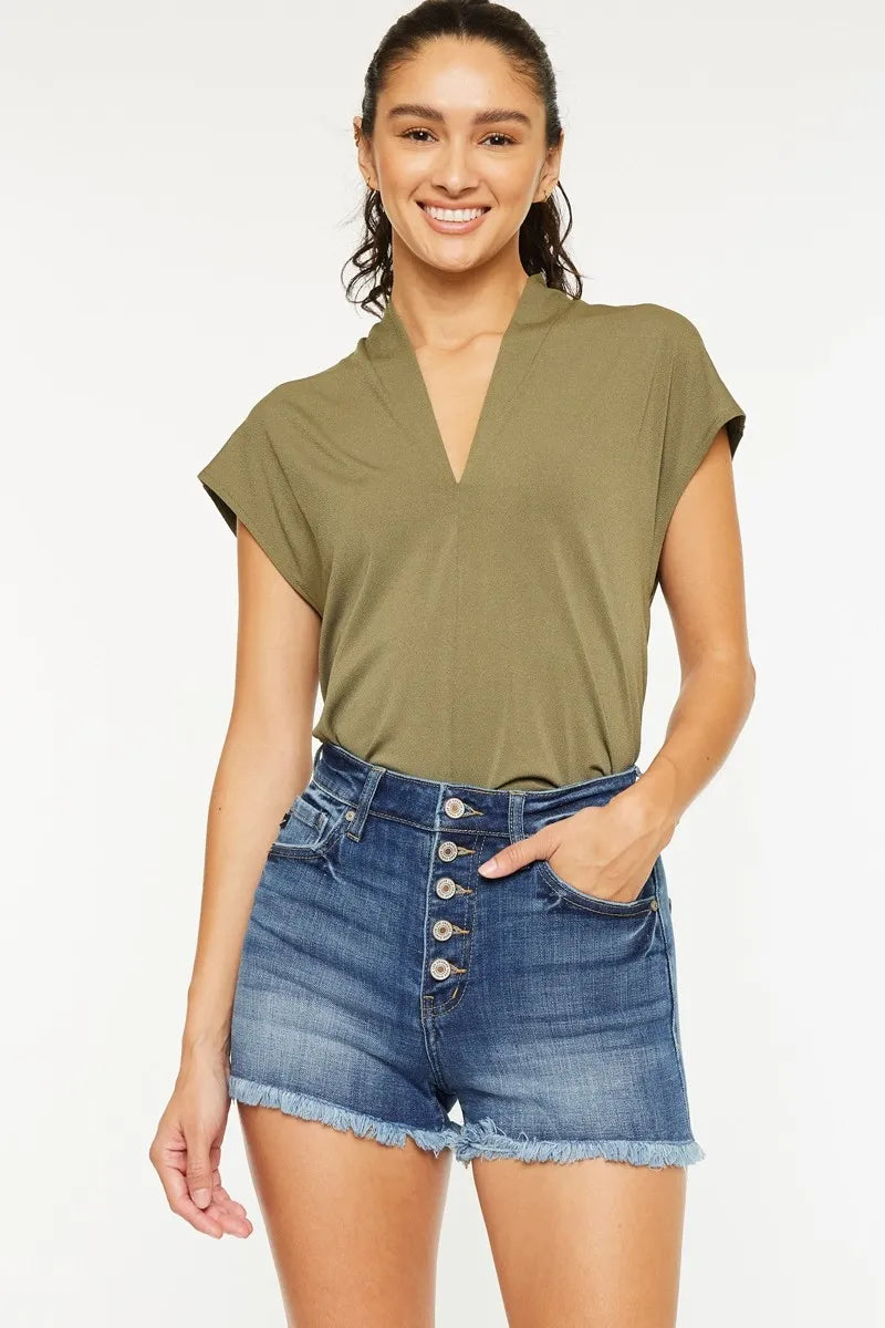 Kancan High Rise Frayed Hem Denim Shorts - cas7m