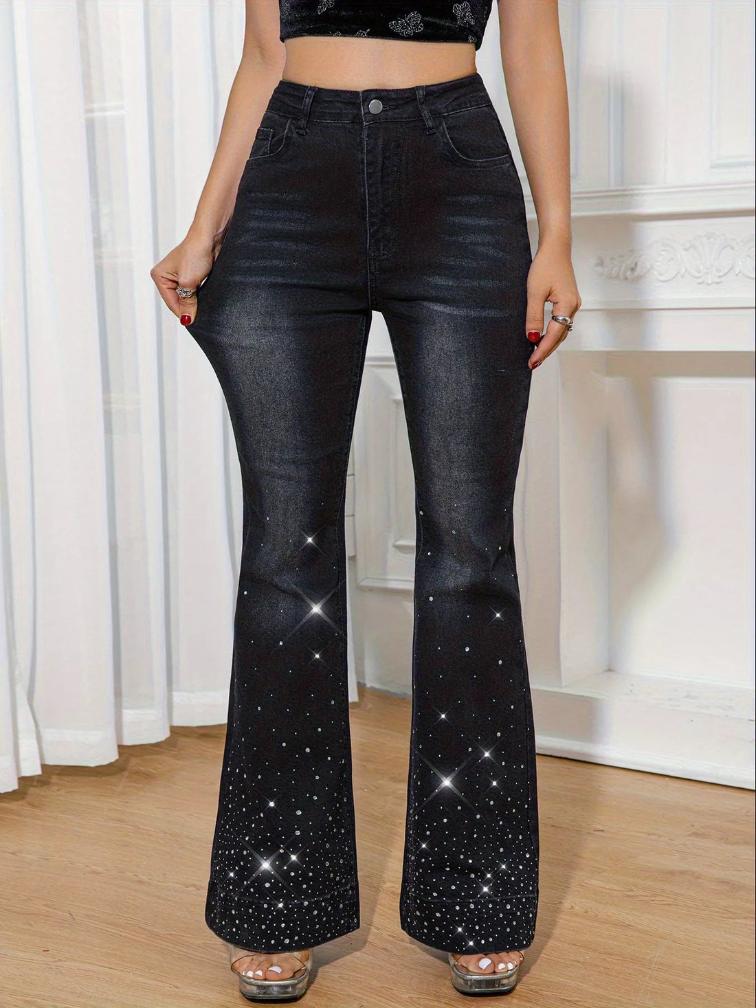 Rhinestone Embellished Flare Leg Jeans - cas7m