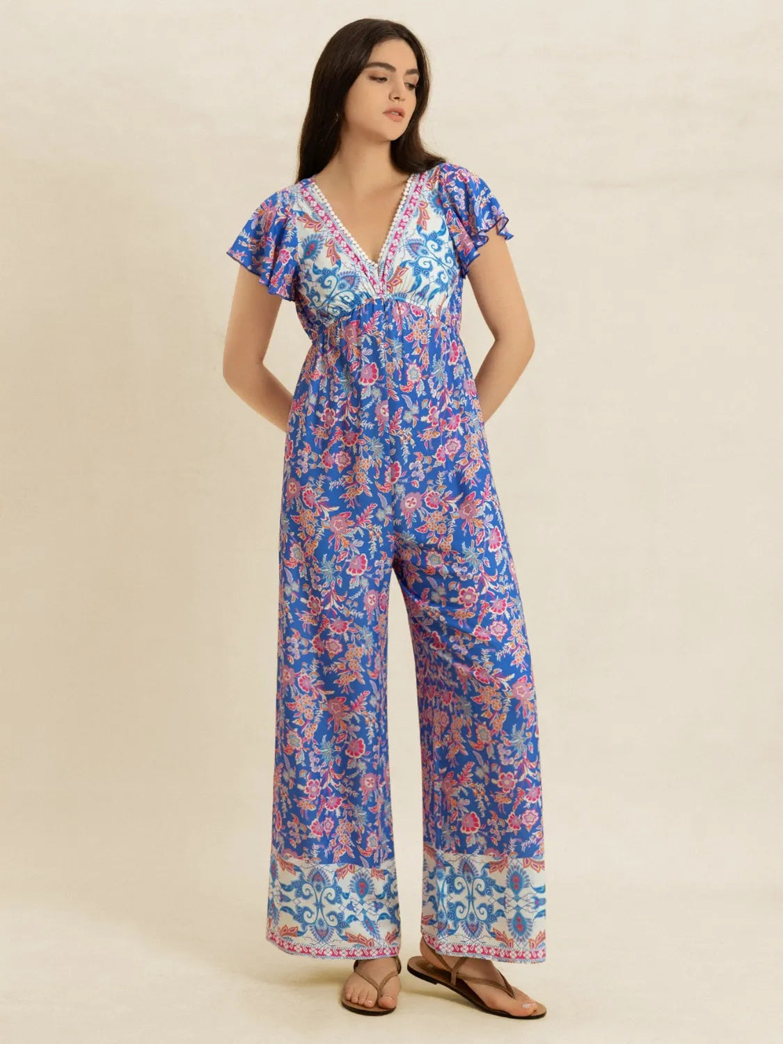 Printed V-Neck Wide Leg Jumpsuit - cas7m