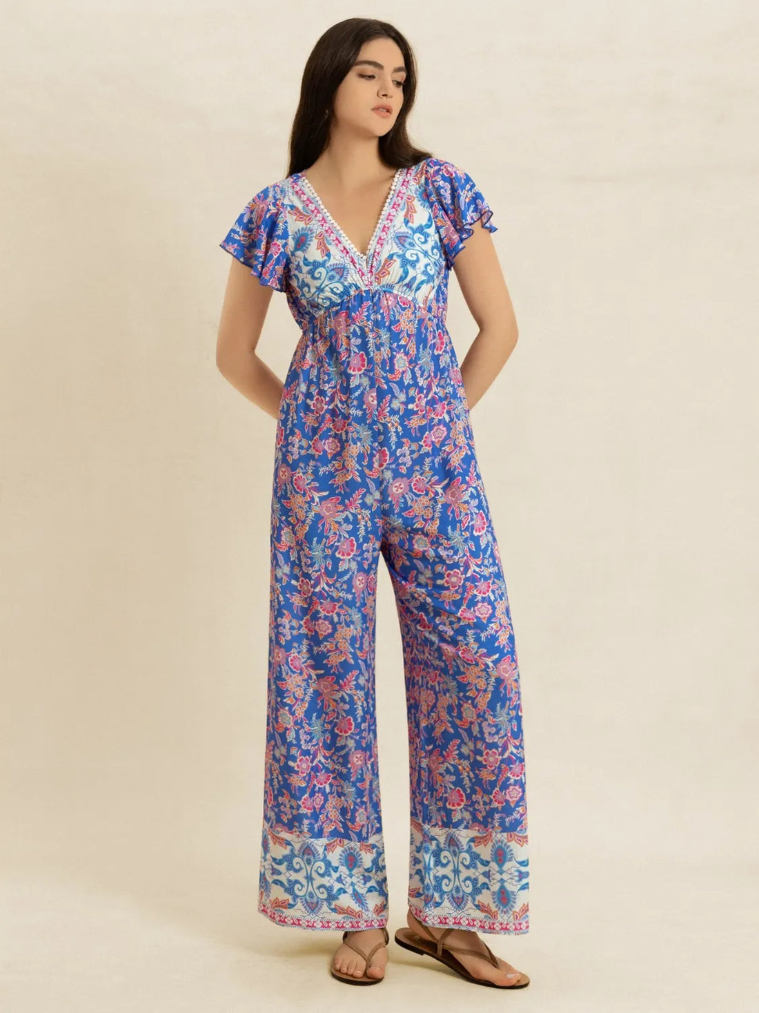 Printed V-Neck Wide Leg Jumpsuit - cas7m