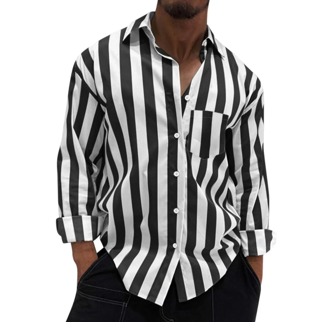 Men's Striped Button-Down Long Sleeve Shirt - cas7m