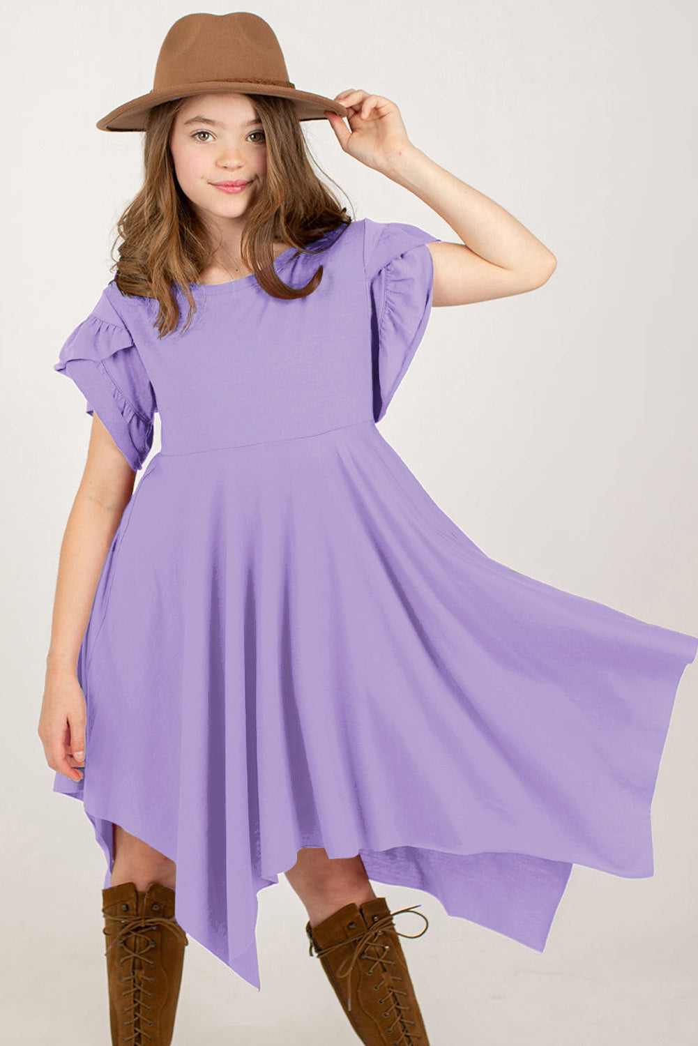Round Neck Petal Sleeve Dress - cas7m