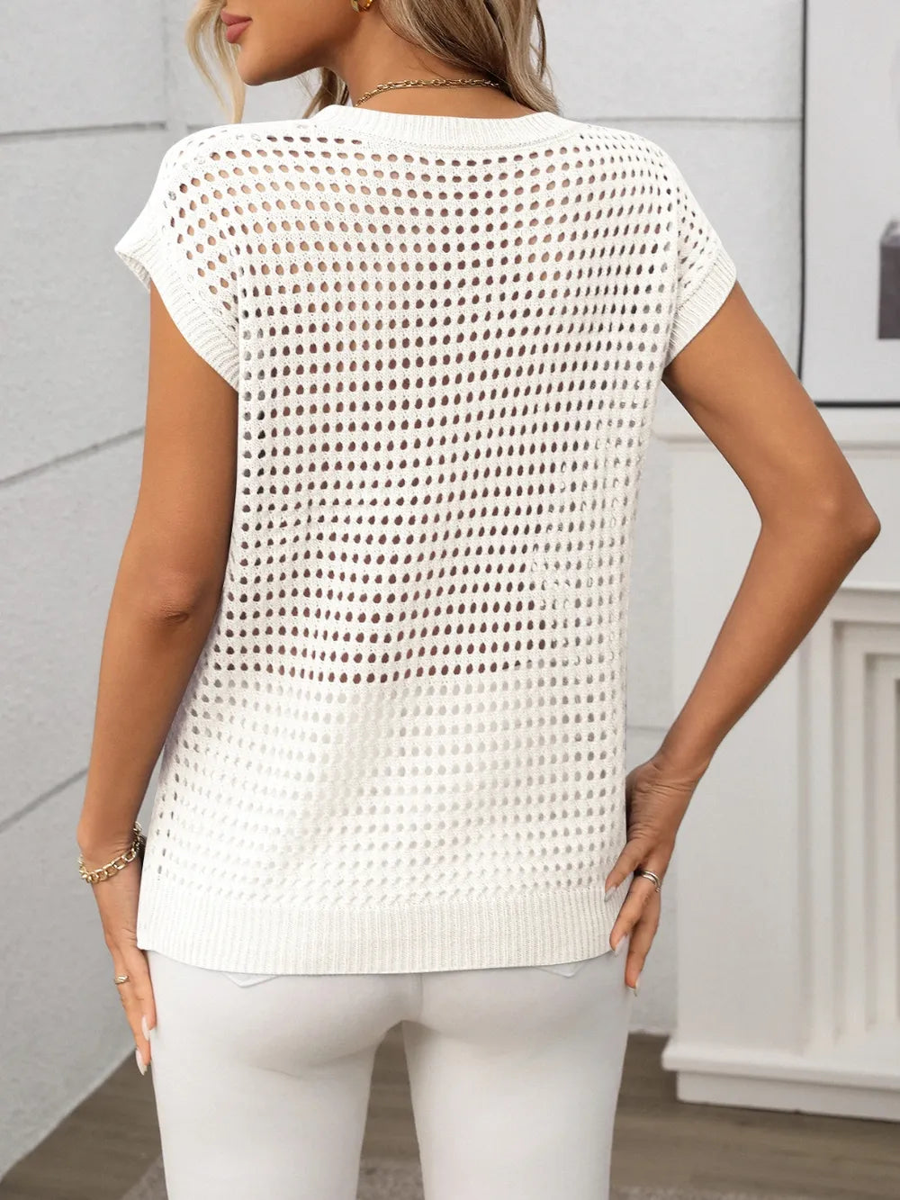 Openwork Round Neck Short Sleeve Knit Cover Up - cas7m