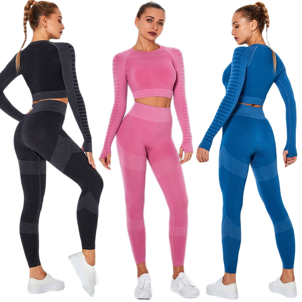 Seamless High-Stretch Yoga Set with Long Sleeve Top - cas7m