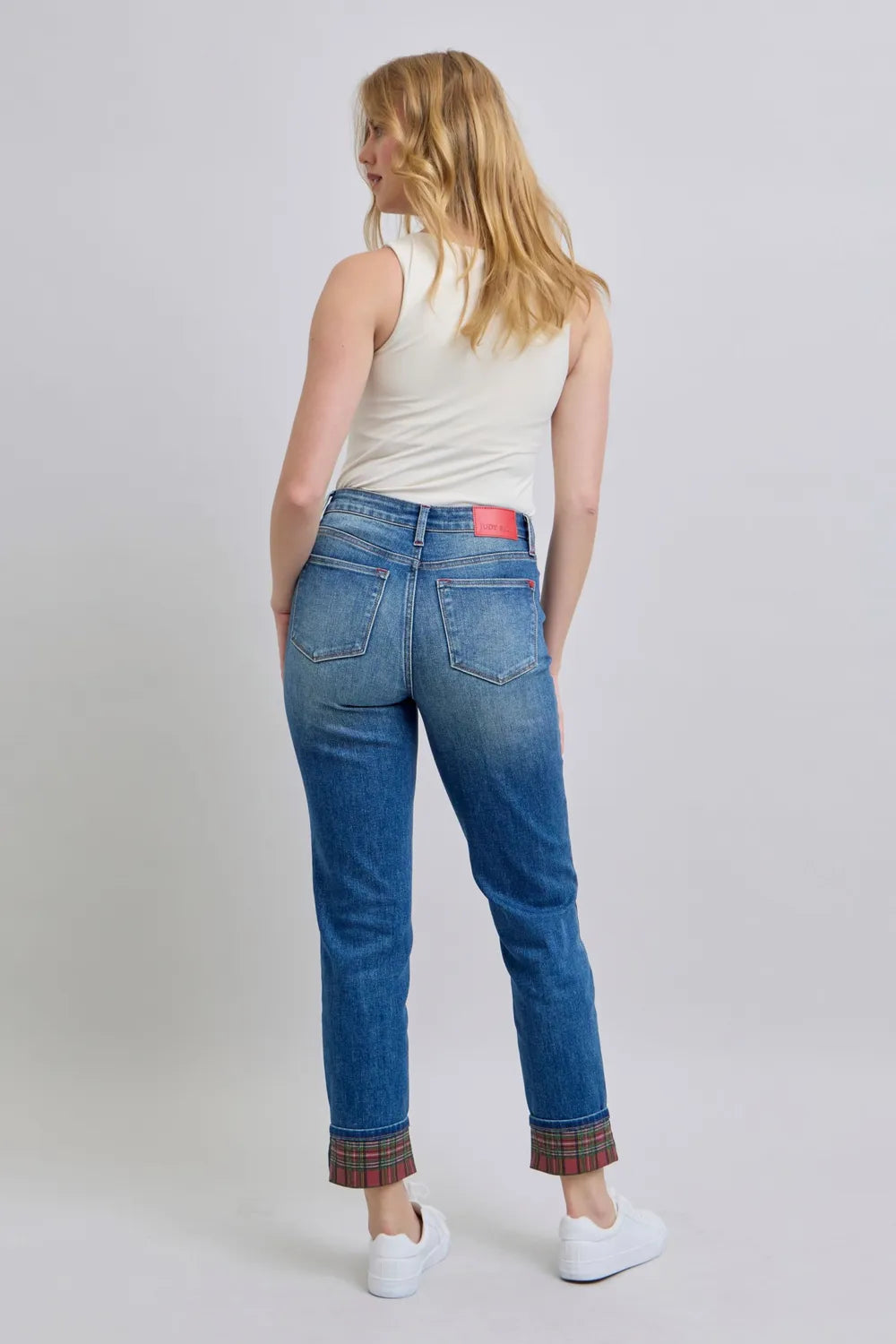 Judy Blue Full Size Plaid Print Cuff Straight Leg Jeans with Pockets - cas7m