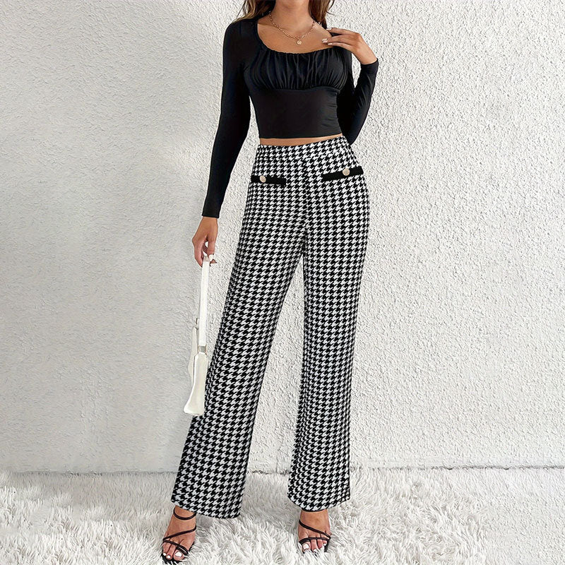 Faux Pocket Fastener Decoration Straight Wide Leg Pants Trousers - cas7m