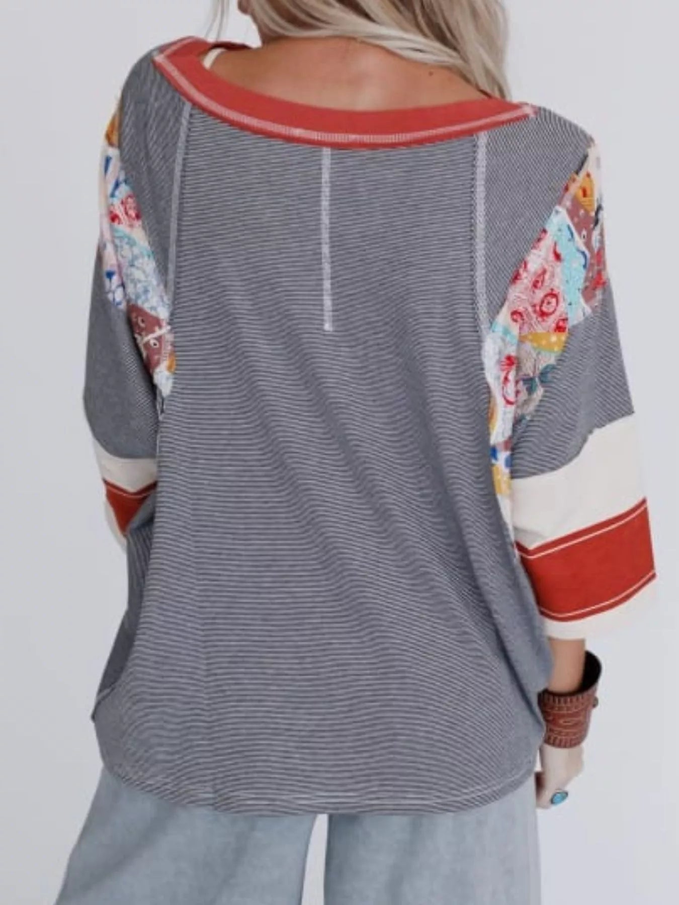 Striped Floral Long Sleeve T-Shirt - cas7m