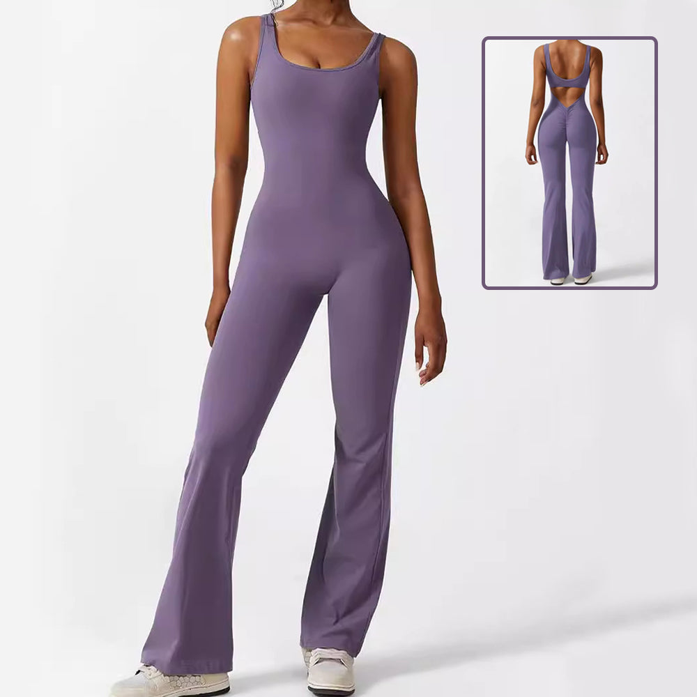 Women Sleeveless Flare Jumpsuits Fitness Yoga Long Pants - cas7m