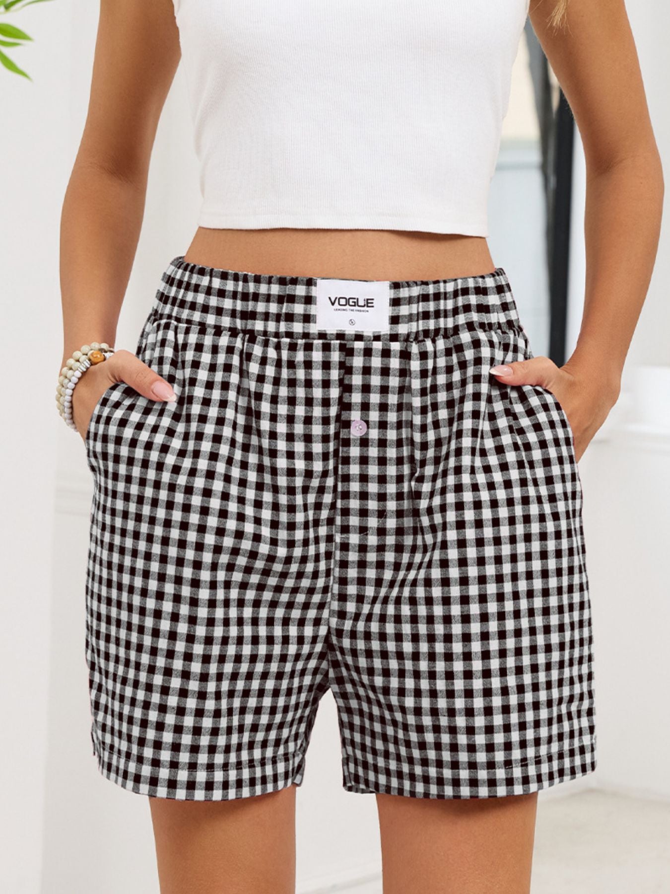 Gingham Elastic Waist Casual Shorts - cas7m