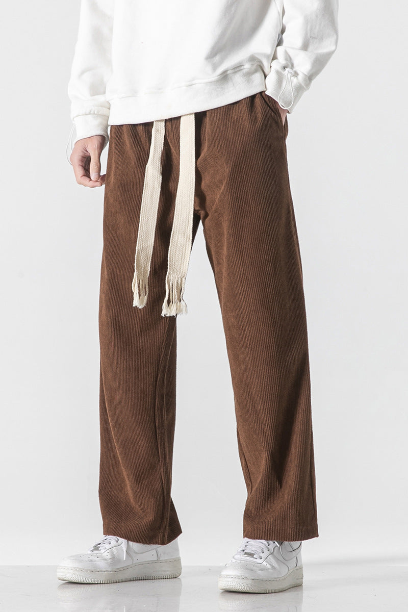 Mens Corduroy Trendy Pants With Braided Drawstring - cas7m
