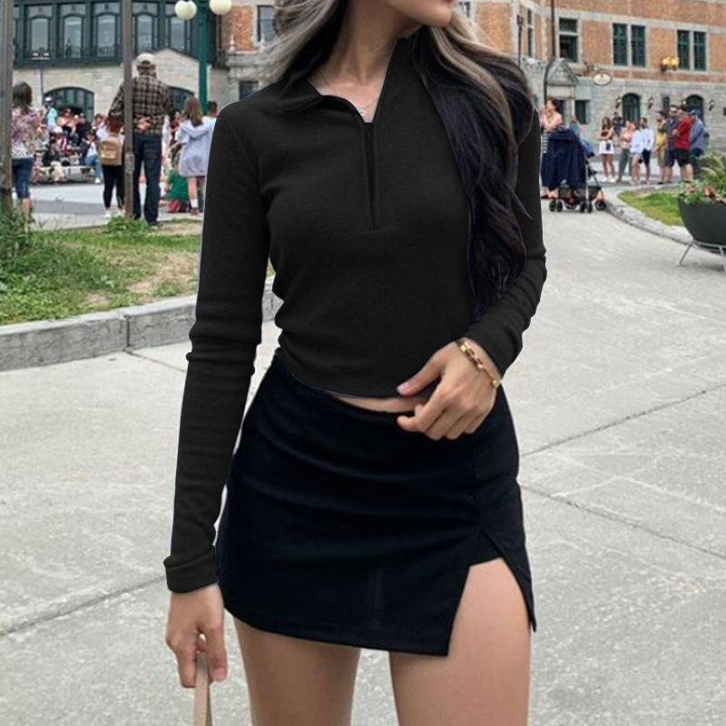 Slim Fit Women's Long-Sleeved Zipper T-Shirt Top - cas7m