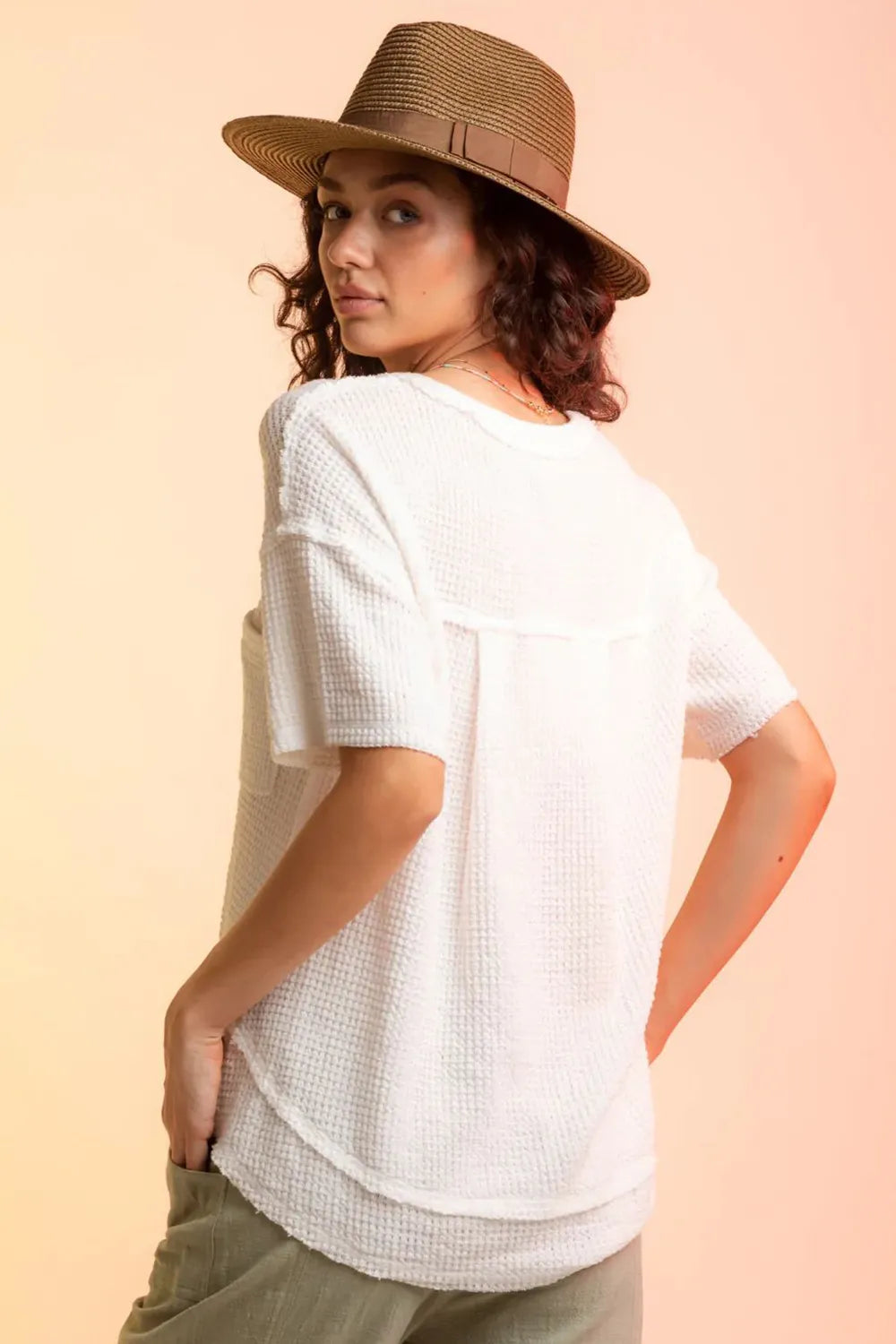 Waffle-Knit Notched Half Sleeve T-Shirt - cas7m