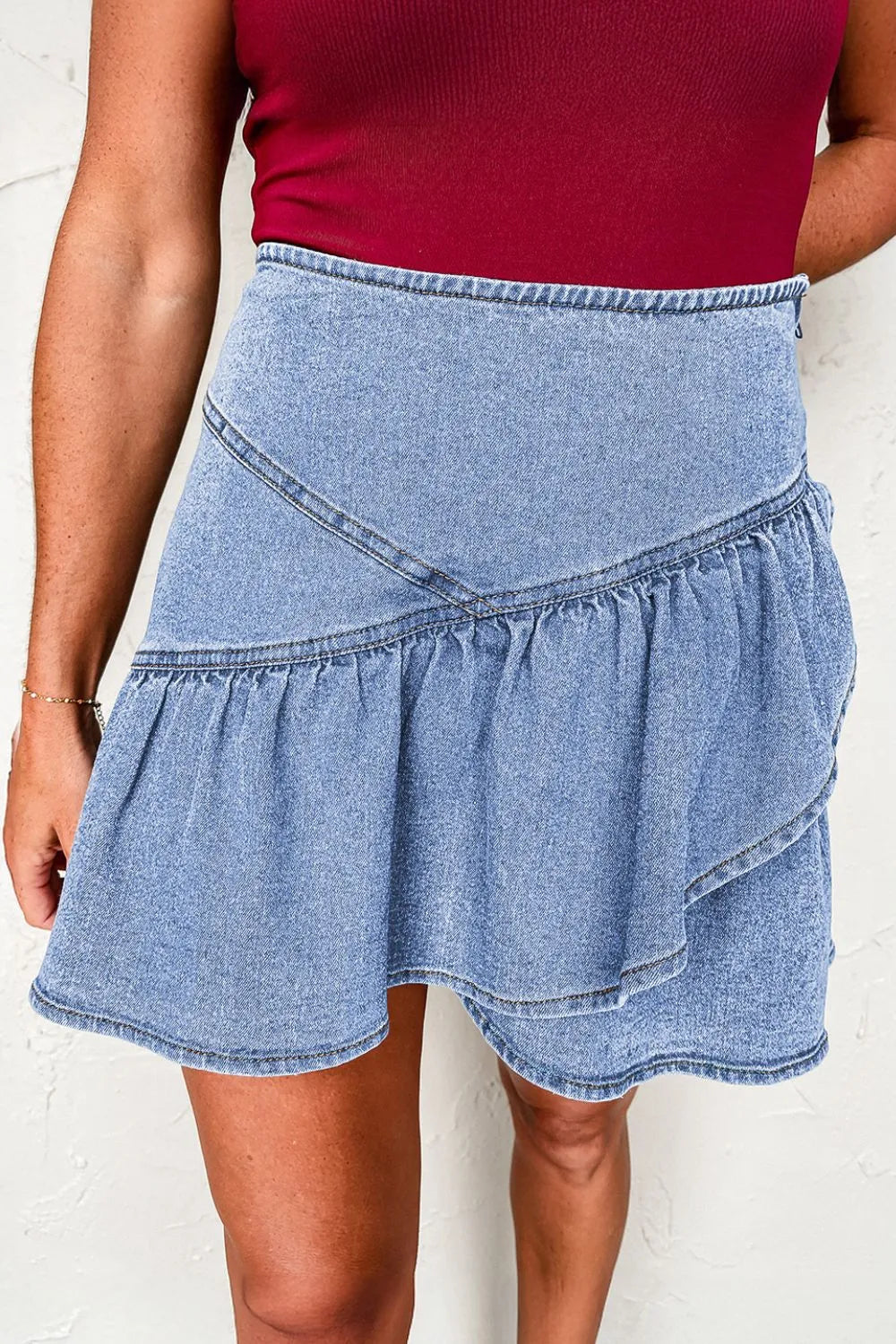 Asymmetric Ruffle Overlay Denim Mini Skirt - cas7m