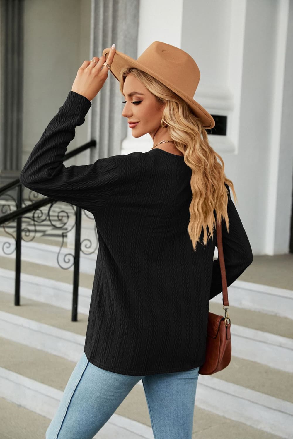 Decorative Button V-Neck Long Sleeve T-Shirt - cas7m