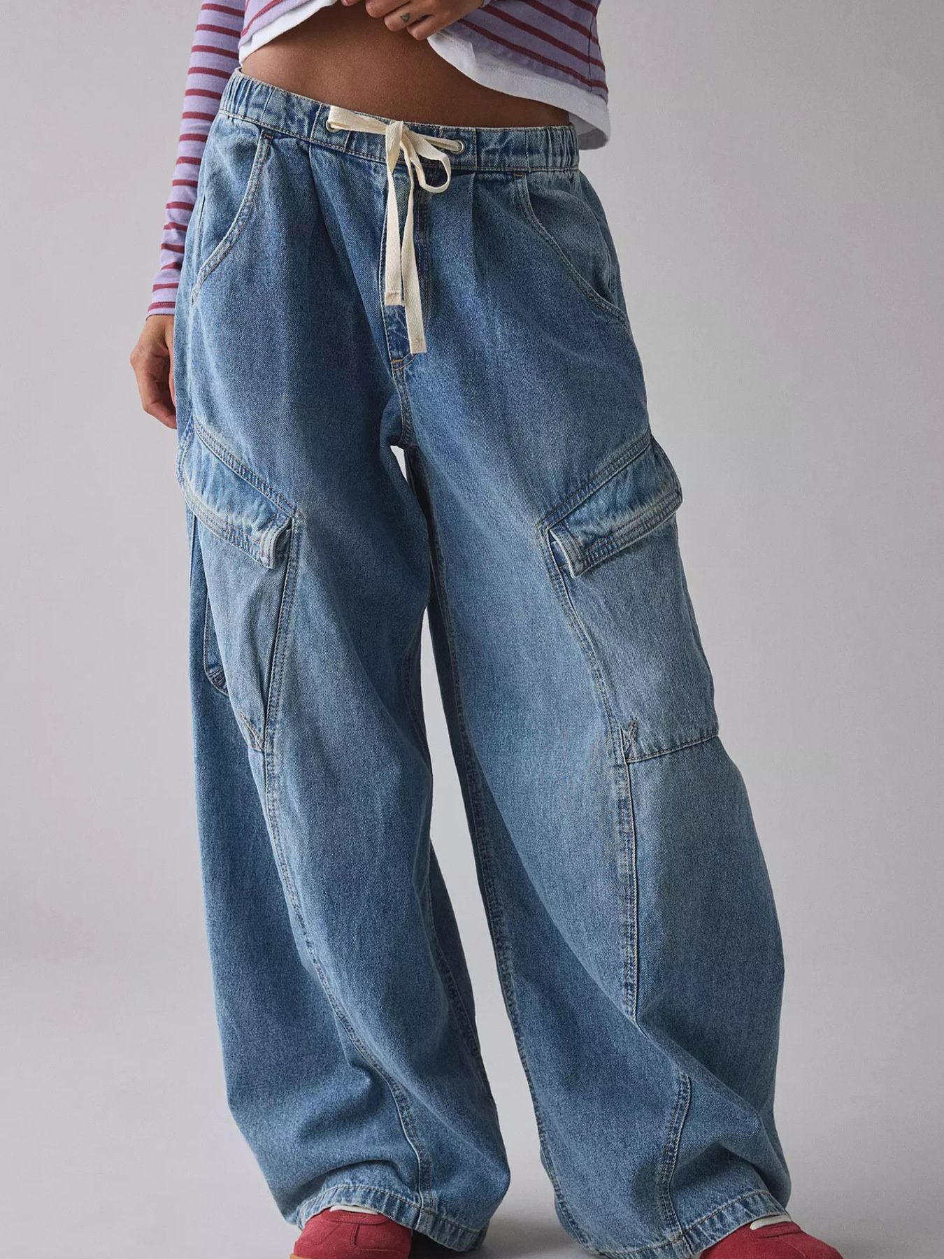 Drawstring Waist Cargo Jeans - cas7m