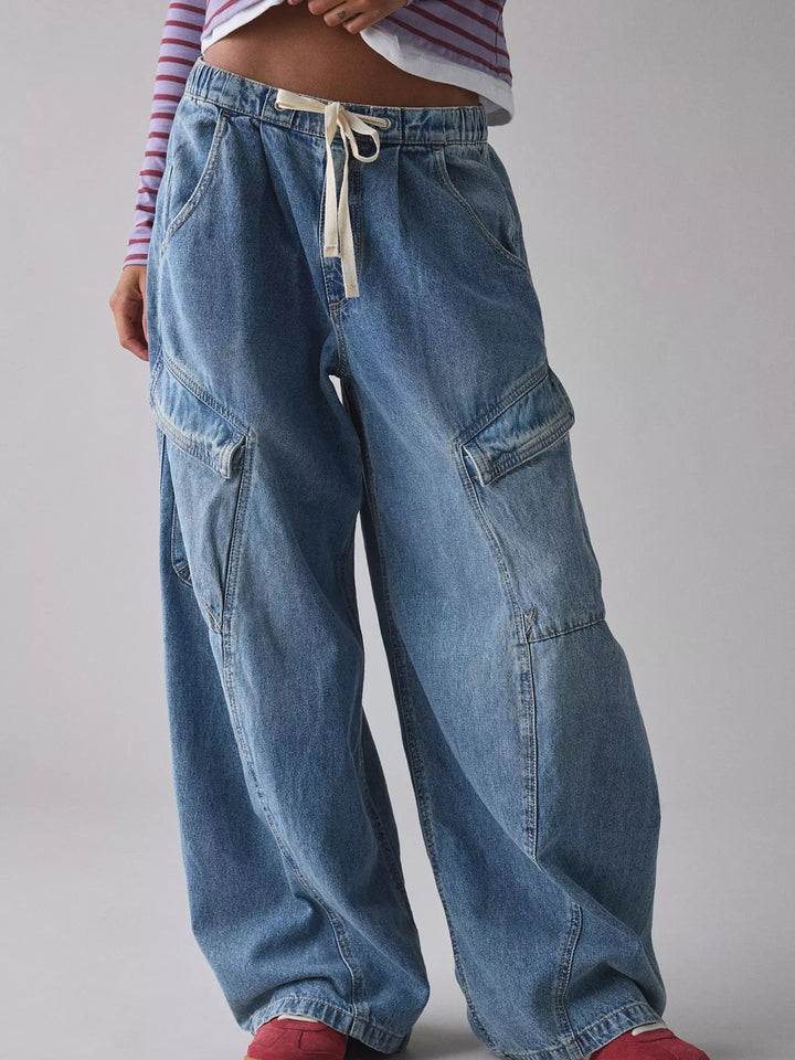 Drawstring Waist Cargo Jeans - cas7m