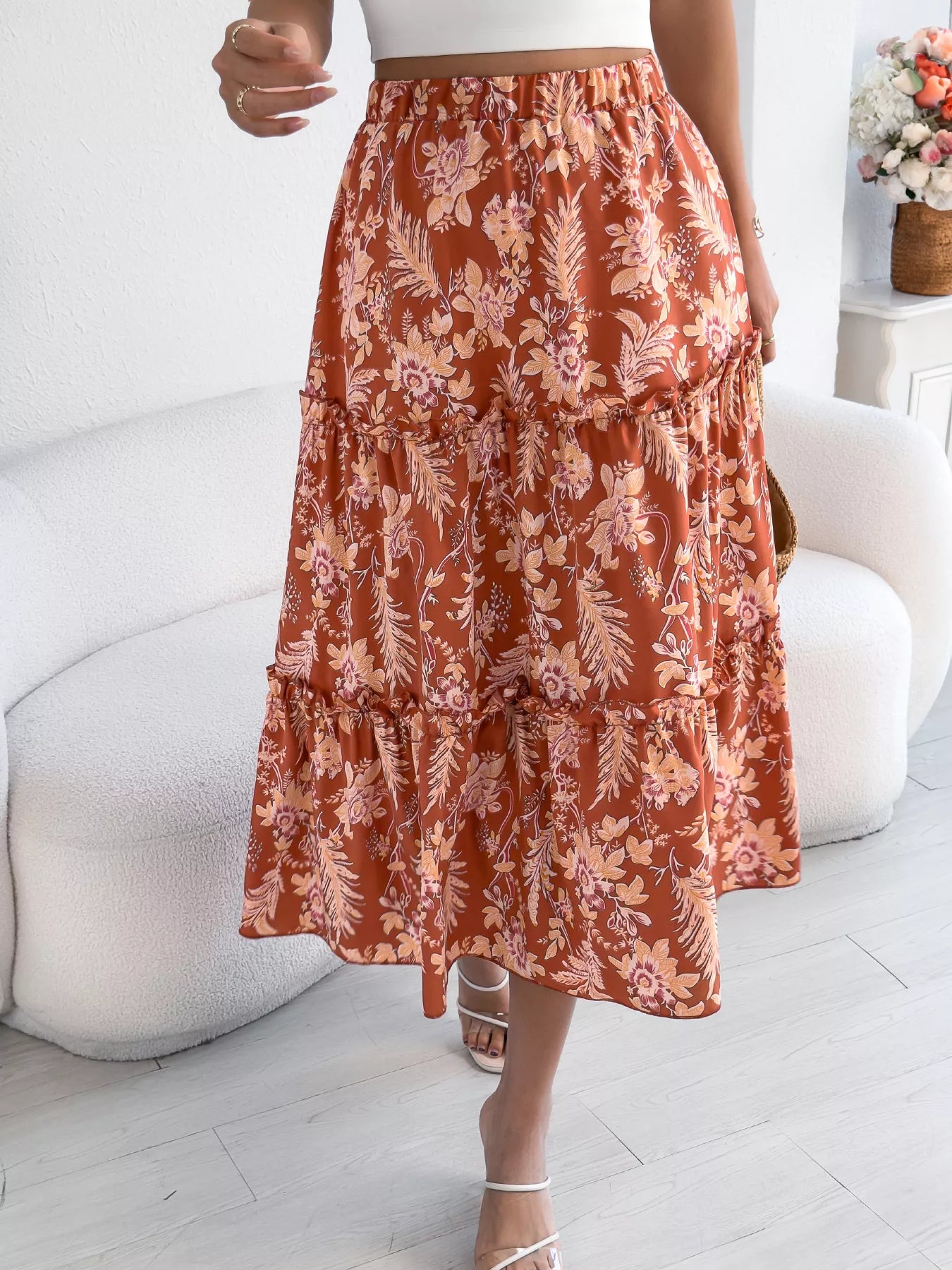Floral Print Ruffle Hem Flowy Midi Skirt - cas7m
