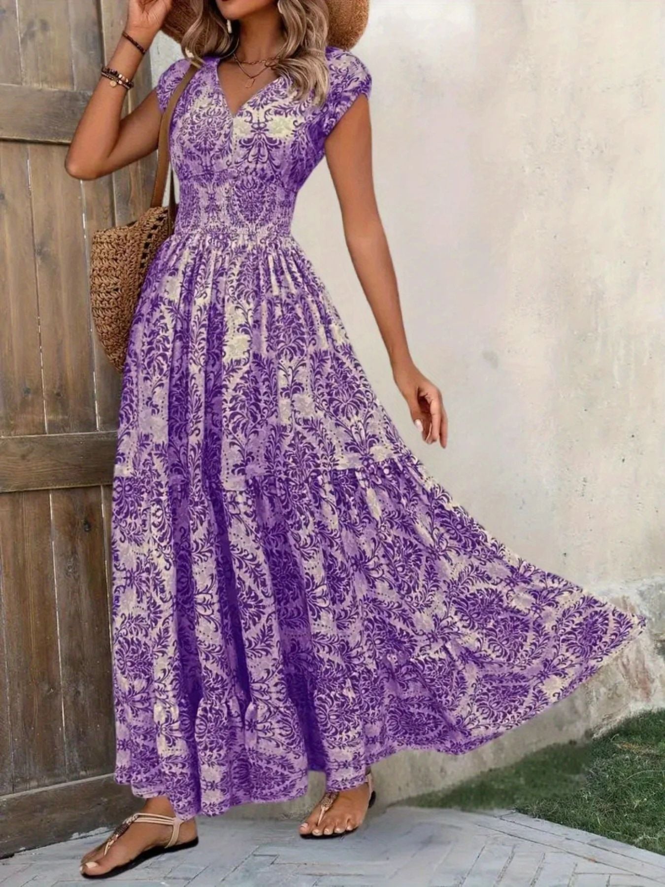 Smocked Tiered Maxi Dress - Chic Polyester Statement - cas7m