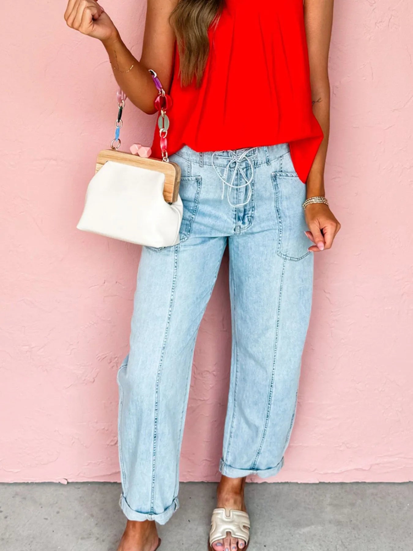 Drawstring Washed Relaxed Fit Boyfriend Jeans - cas7m