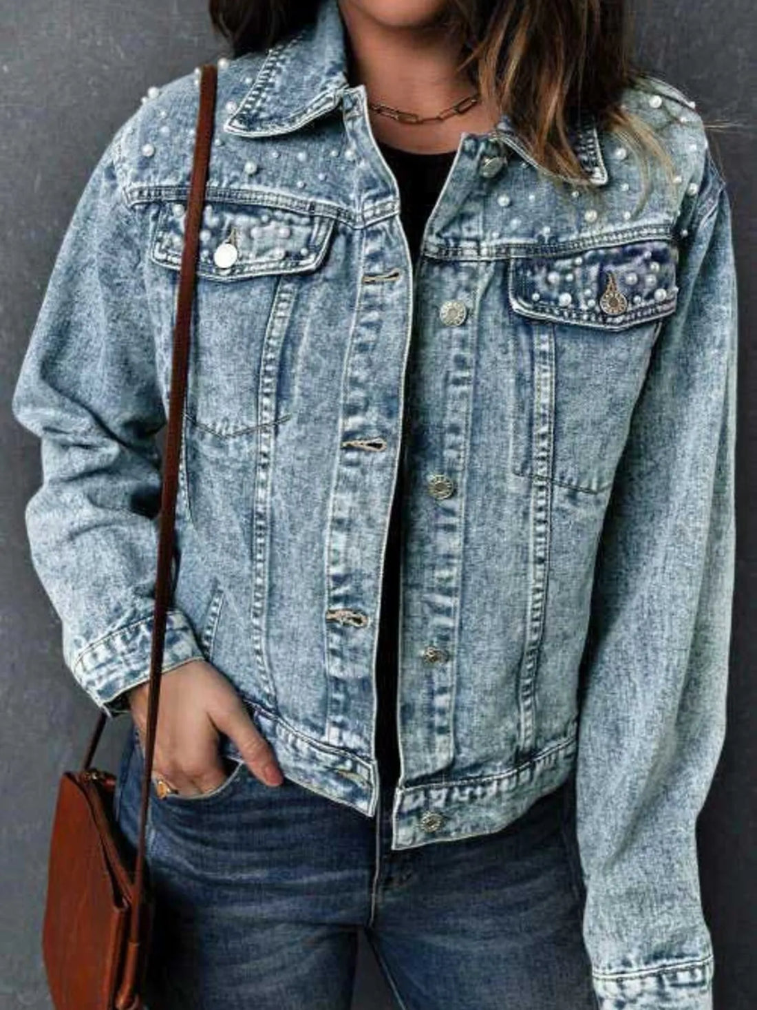 Full Size Pearl Detail Button Up Long Sleeve Denim Jacket Plus Size - cas7m