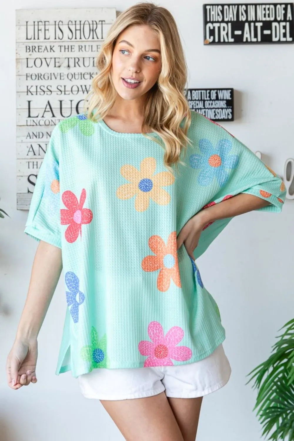 HOPELY Floral Waffle Oversize T-Shirt - cas7m