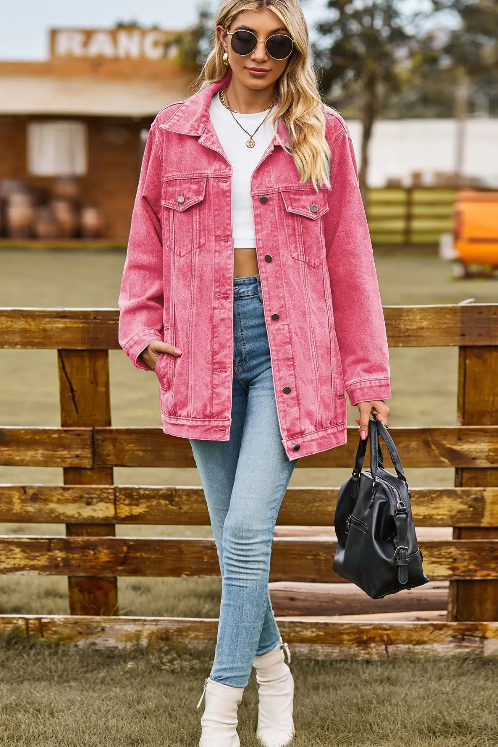 Buttoned Collared Neck Denim Jacket with Pockets - cas7m