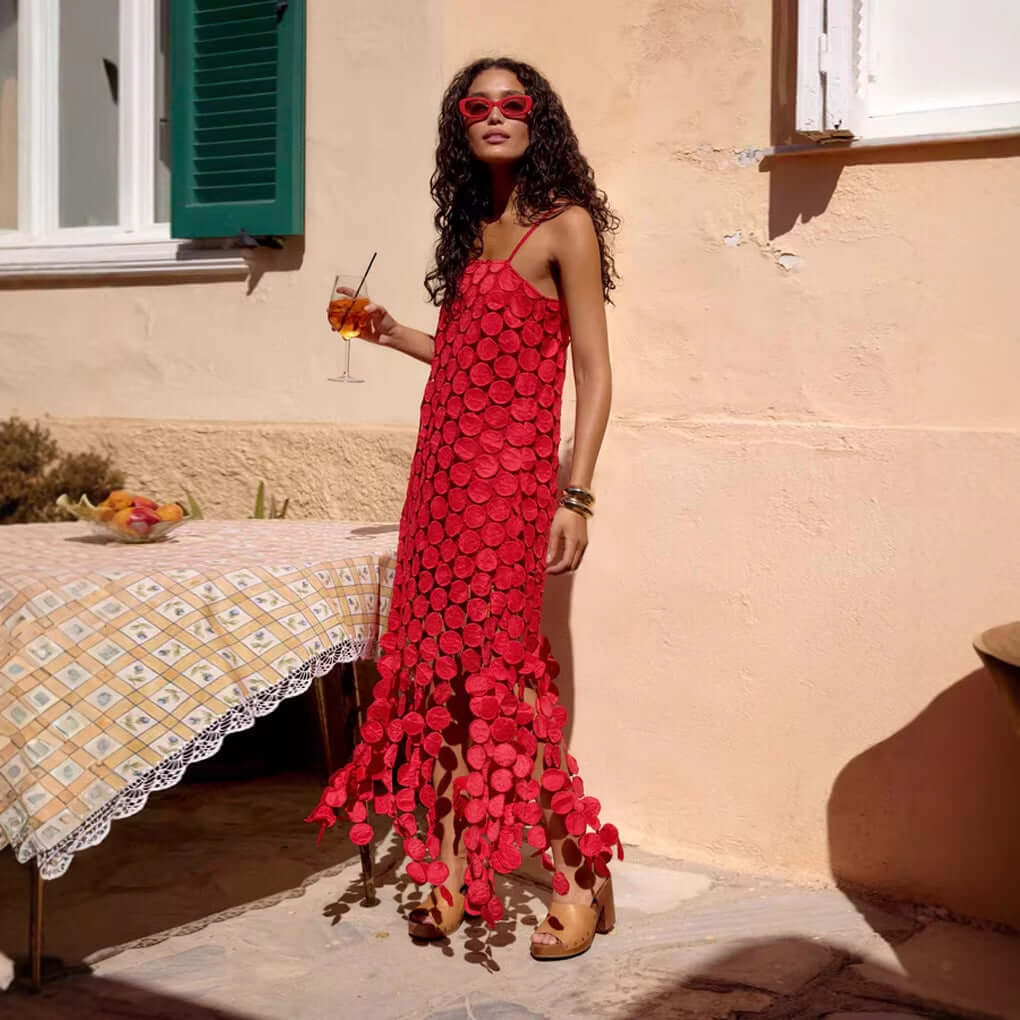 Fashion Hollow-Out Polka Dot Midi Slip Dress - Lightweight Sleeveless Linen-Blend Summer Dress For Women - cas7m