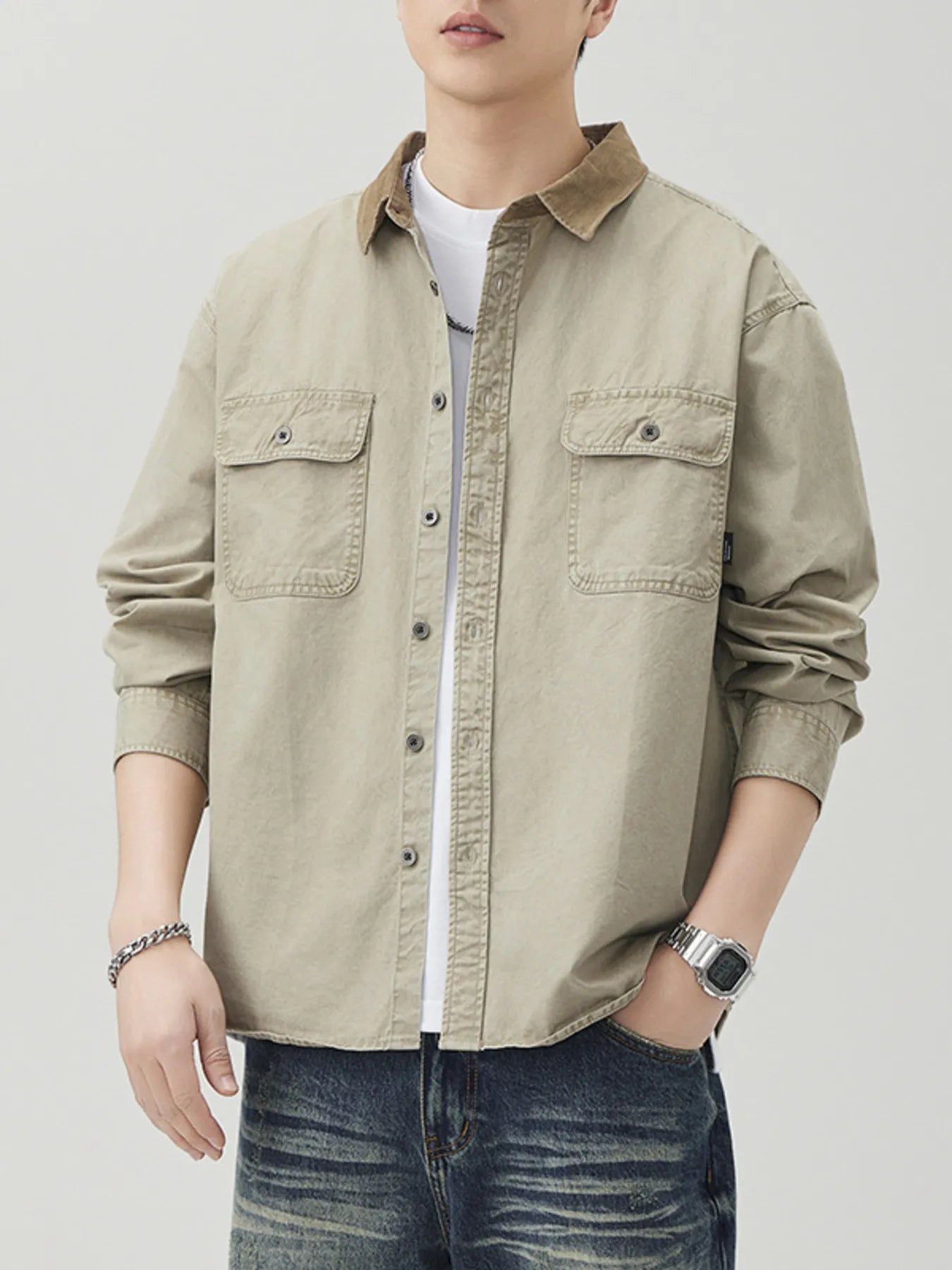 Men's Plus Size Button Up Long Sleeve Shirt - cas7m