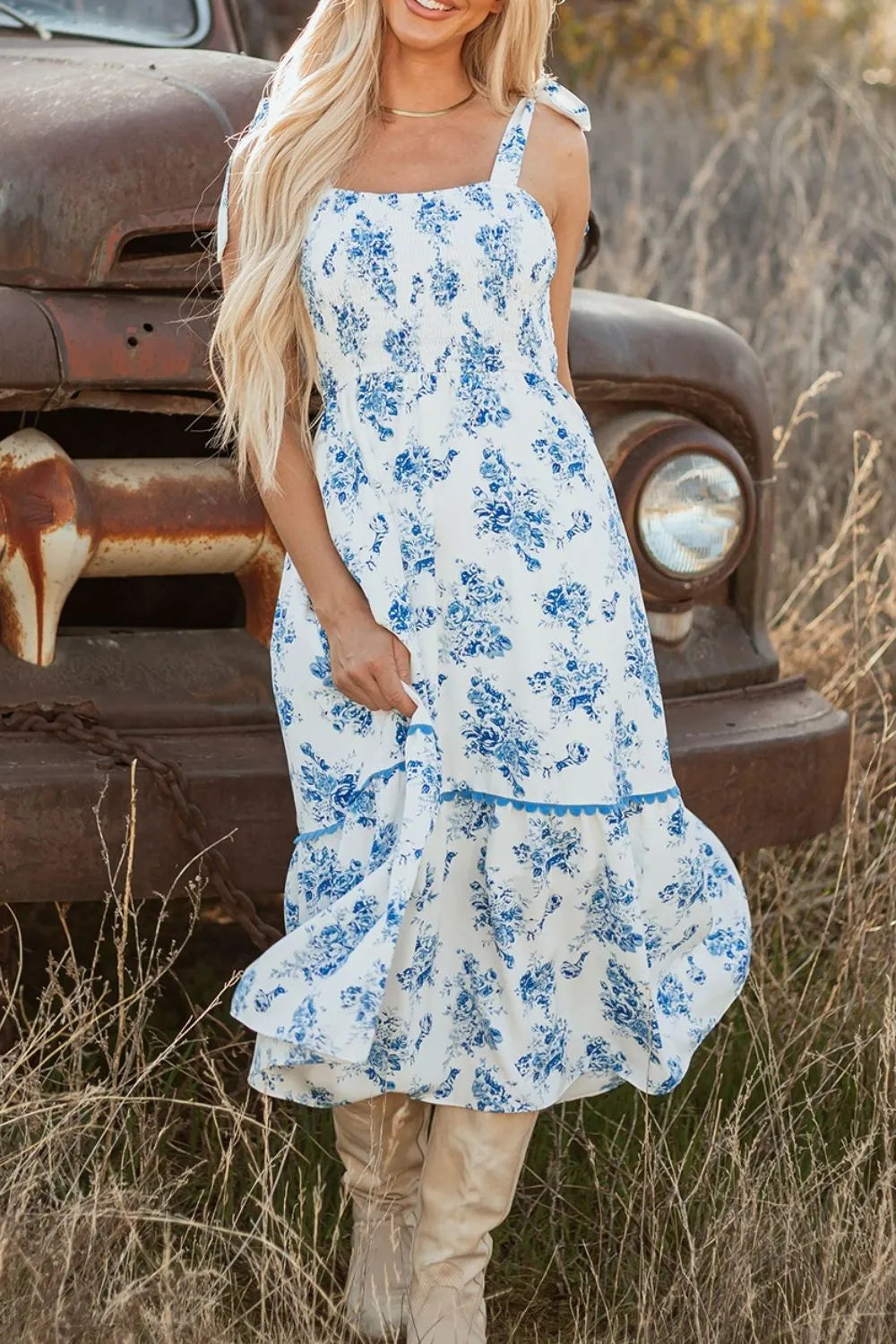 Printed Tie Shoulder Dress - cas7m