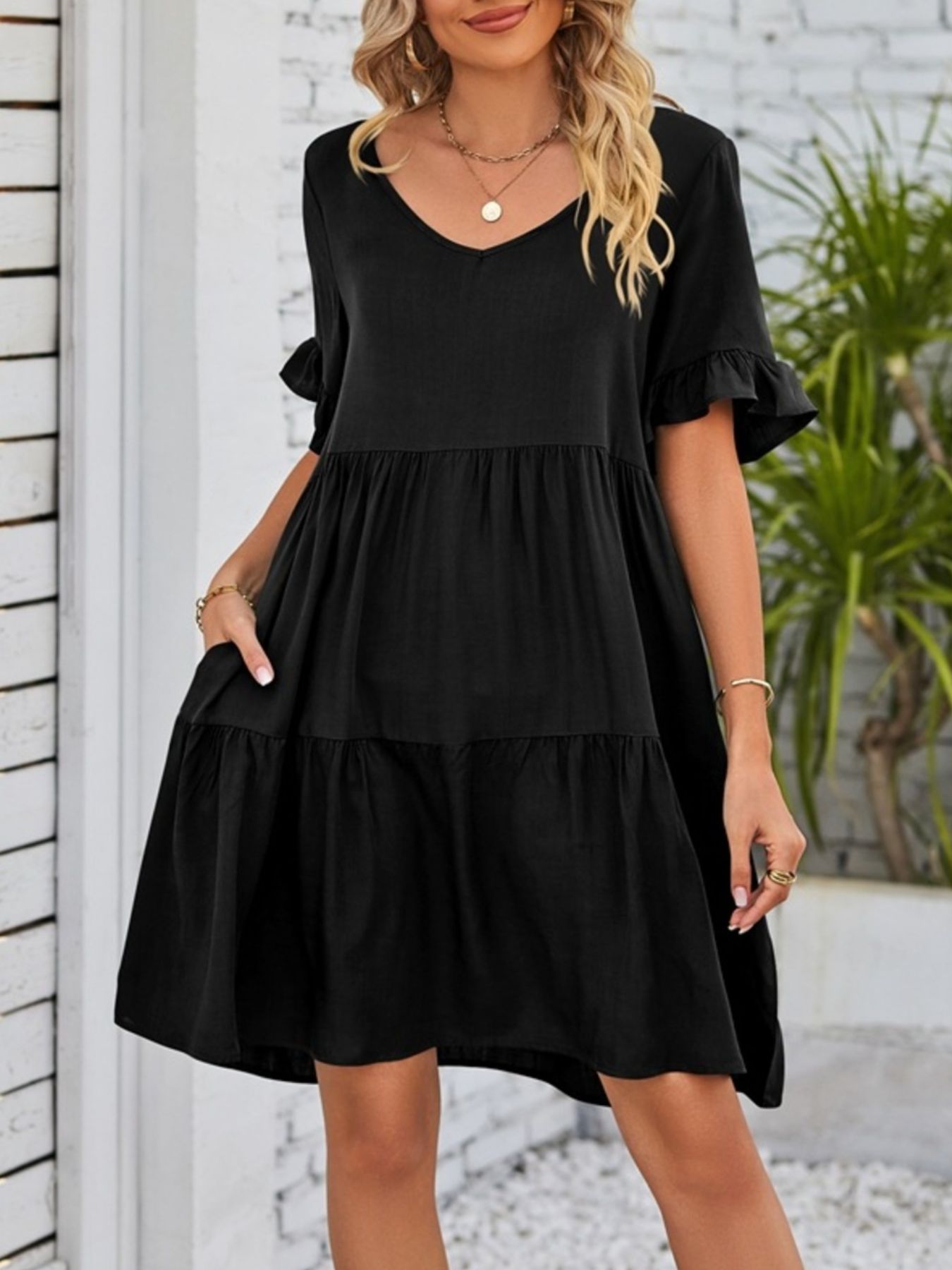 Ruffled Sleeve Tiered Mini Dress - cas7m