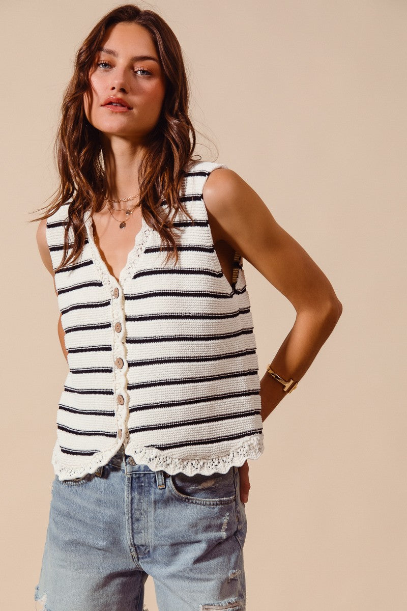 SO ME Buttoned Front Stripe Texture Knitted Sweater Vest - cas7m