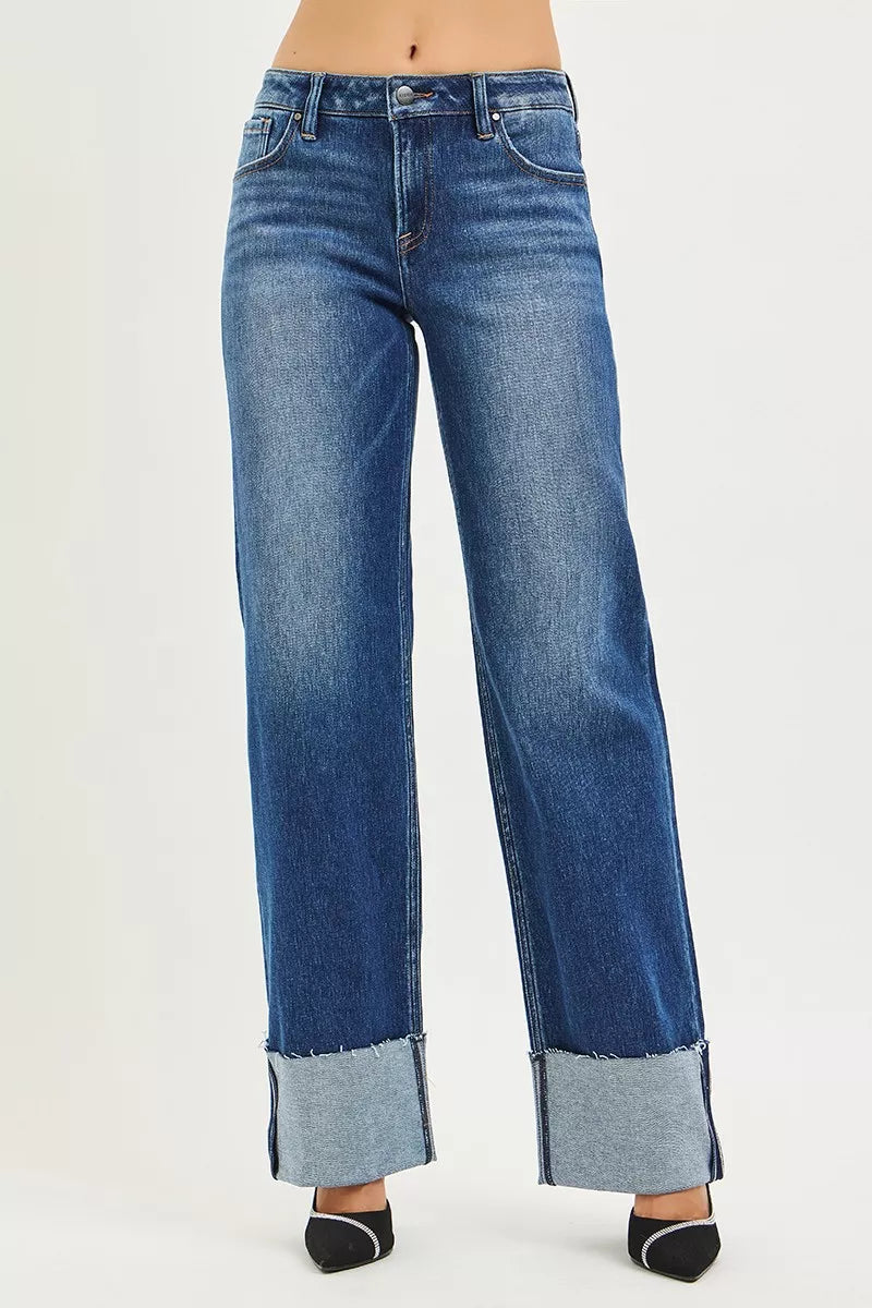 RISEN Mid Rise Wide Straight Jeans With Wide Cuff - cas7m