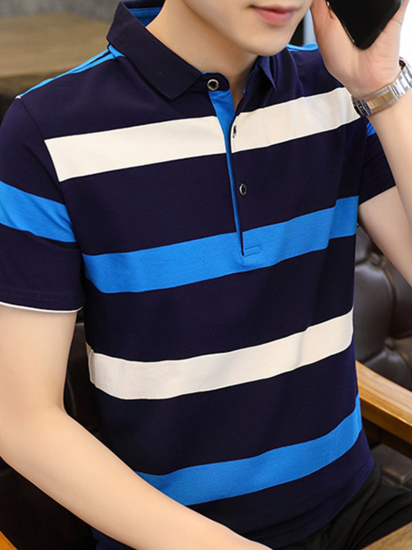 Men's Plus Size Striped Slim Fit Polo Shirt - cas7m