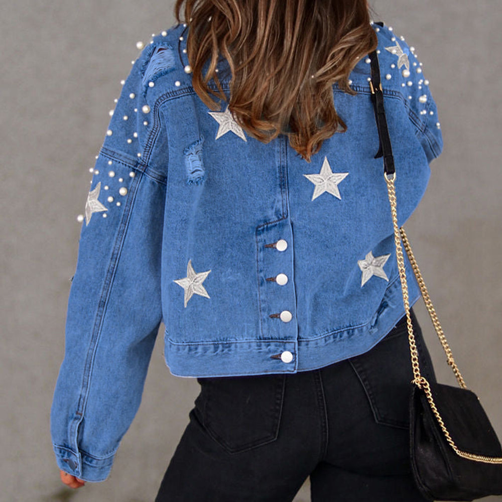 Bead Detail Denim Jacket - cas7m