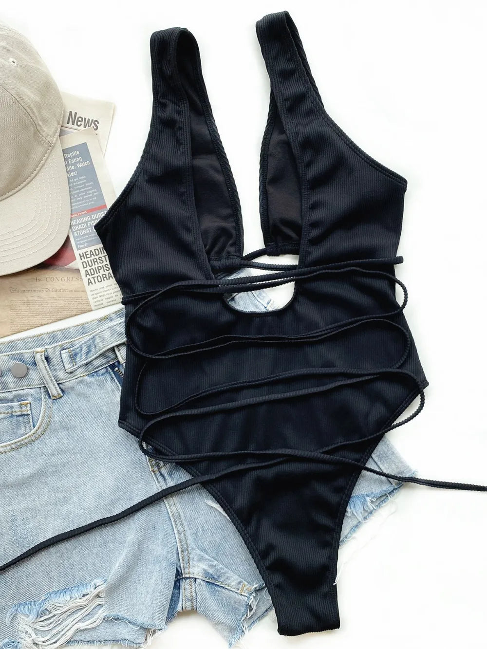 Ribbed Lace Up One-Piece Swimsuit - cas7m