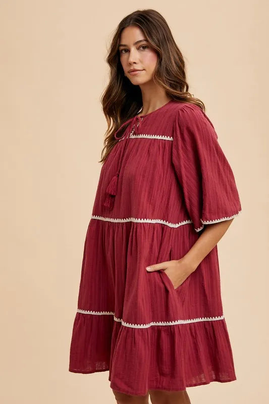 Annie Wear Tassel Contrast Trim Tie Neck Half Sleeve Tiered Dress - cas7m