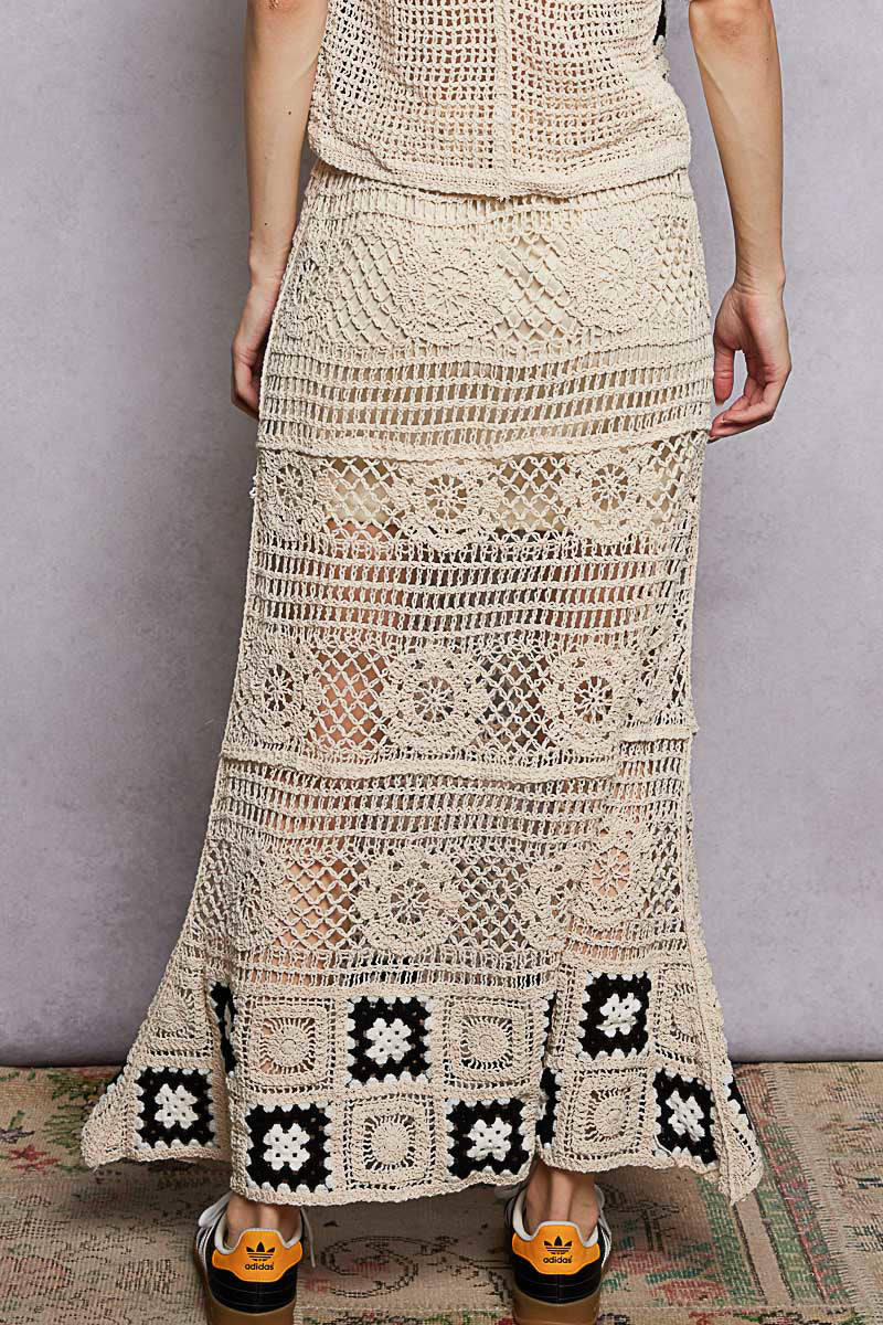 POL Floral Crochet Ruffled Waistband Maxi Skirt with Granny Square Weave - cas7m