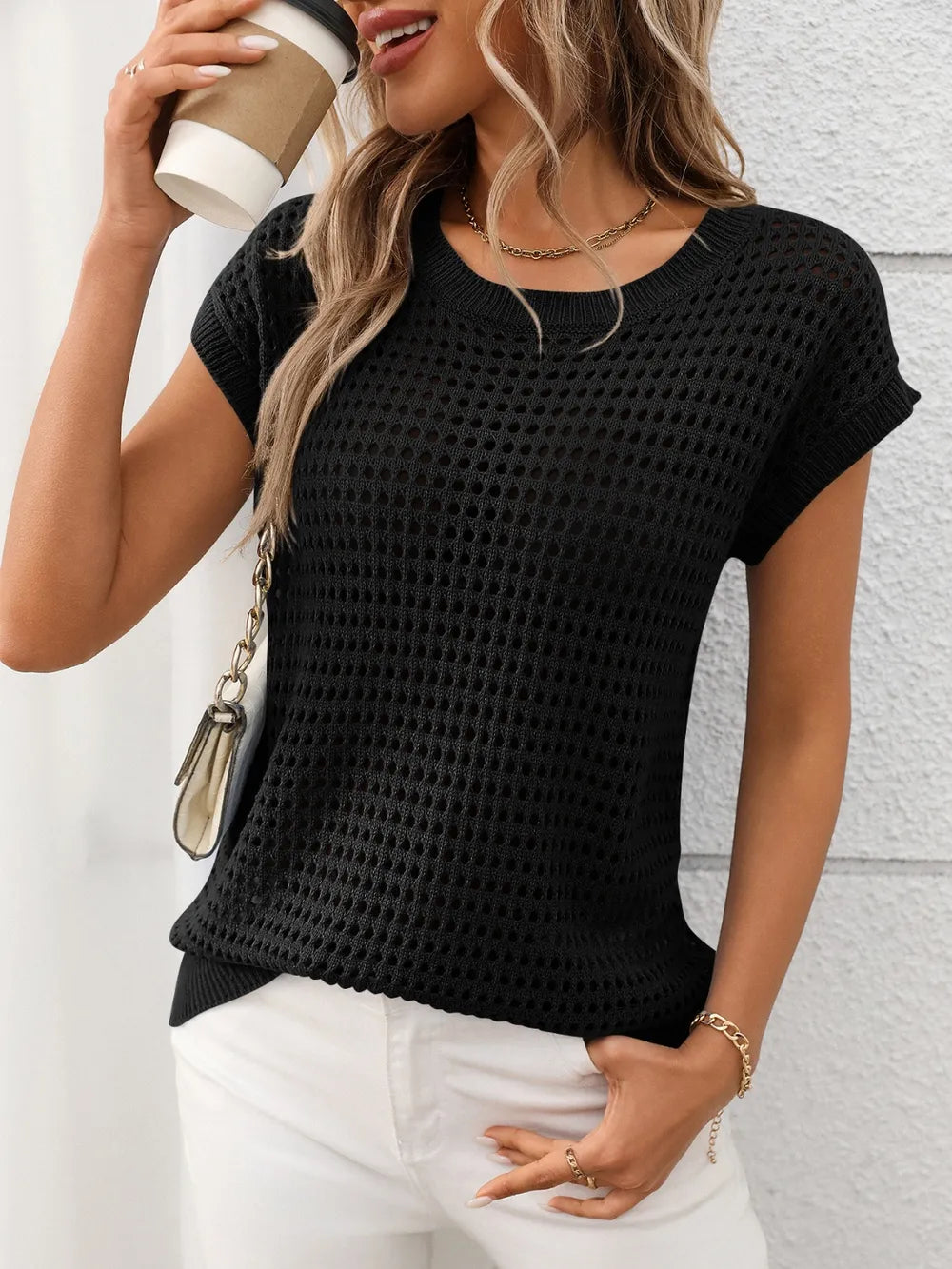 Openwork Round Neck Short Sleeve Knit Cover Up - cas7m