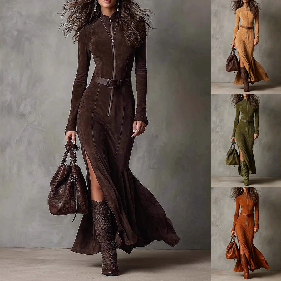 Slim Zipper Dress Elegant Temperament Split Long-sleeved Dresses Cowboy Fashion Retro Women's Clothing - cas7m