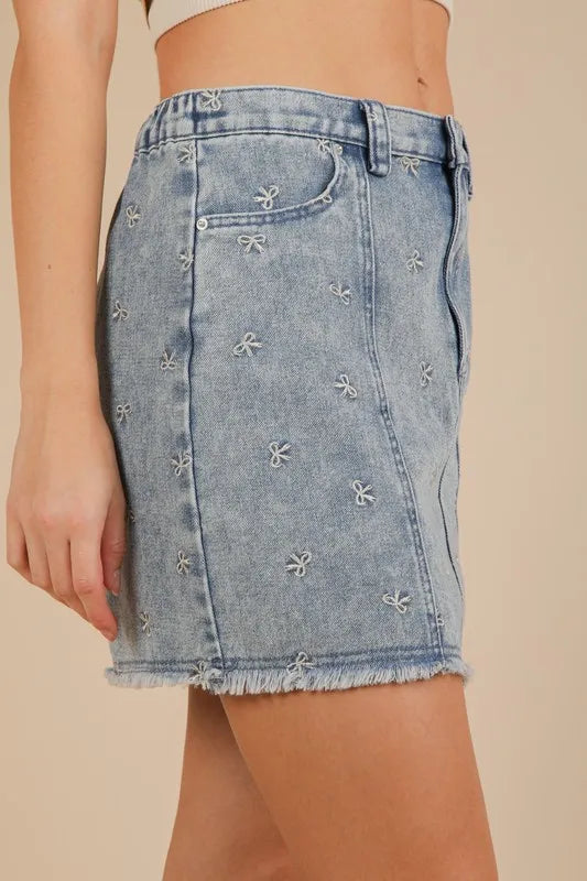 VERY J Bow Printed Casual Denim Mini Skirt - cas7m